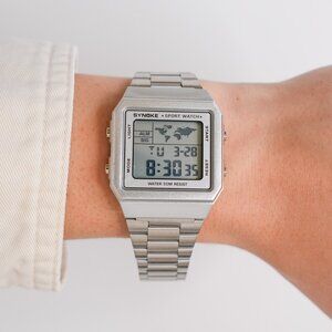 Silver Digital Map Retro Watch